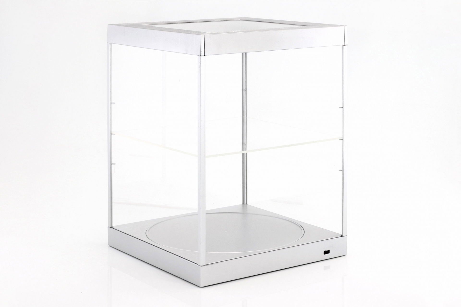 Einzelvitrine mit LED-Beleuchtung und Drehteller f&uuml;r Modellautos im Ma&szlig;stab  silber 