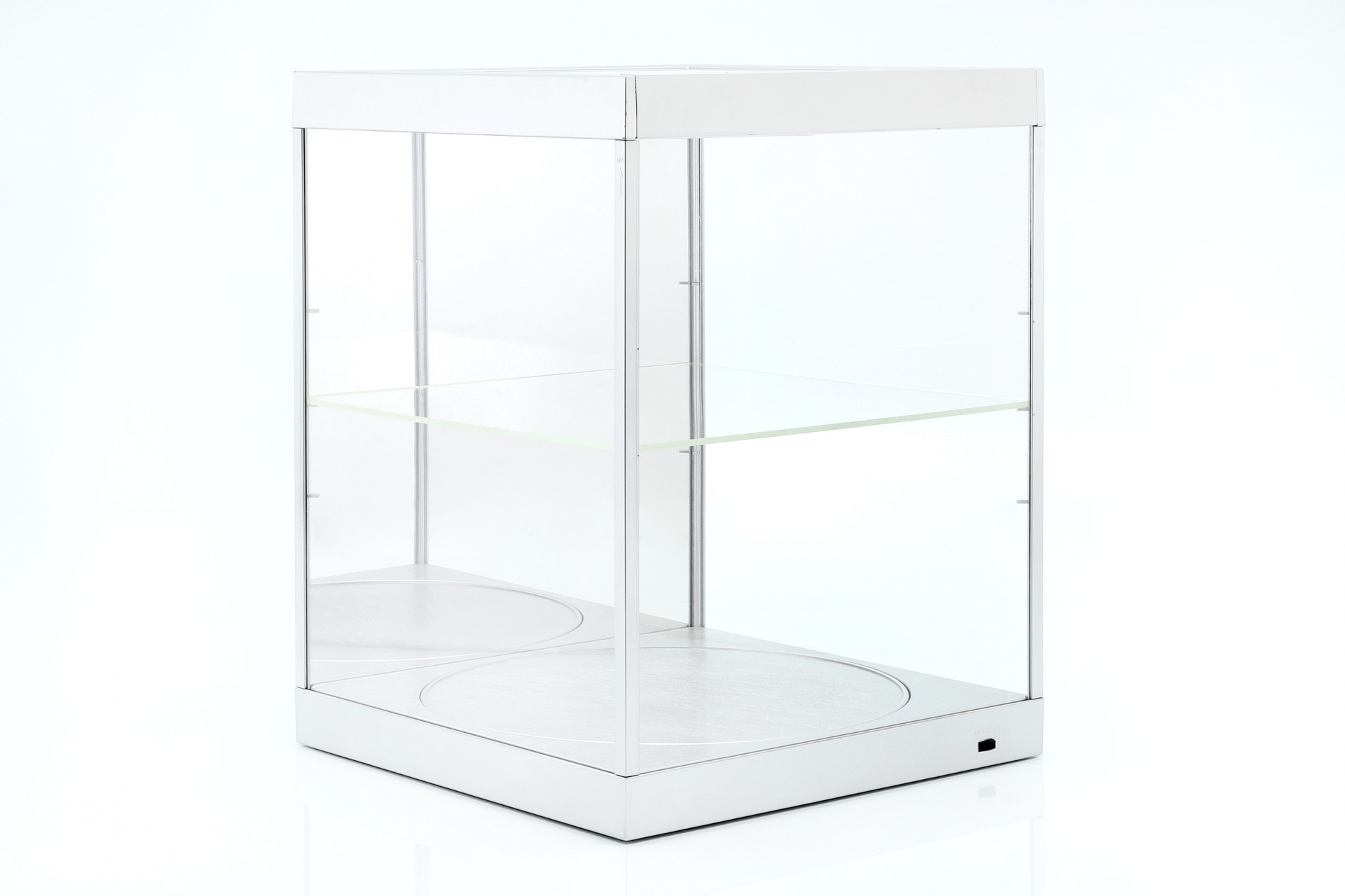 Einzelvitrine mit LED-Beleuchtung, Spiegel und Drehteller f&uuml;r Ma&szlig;stab  silber 