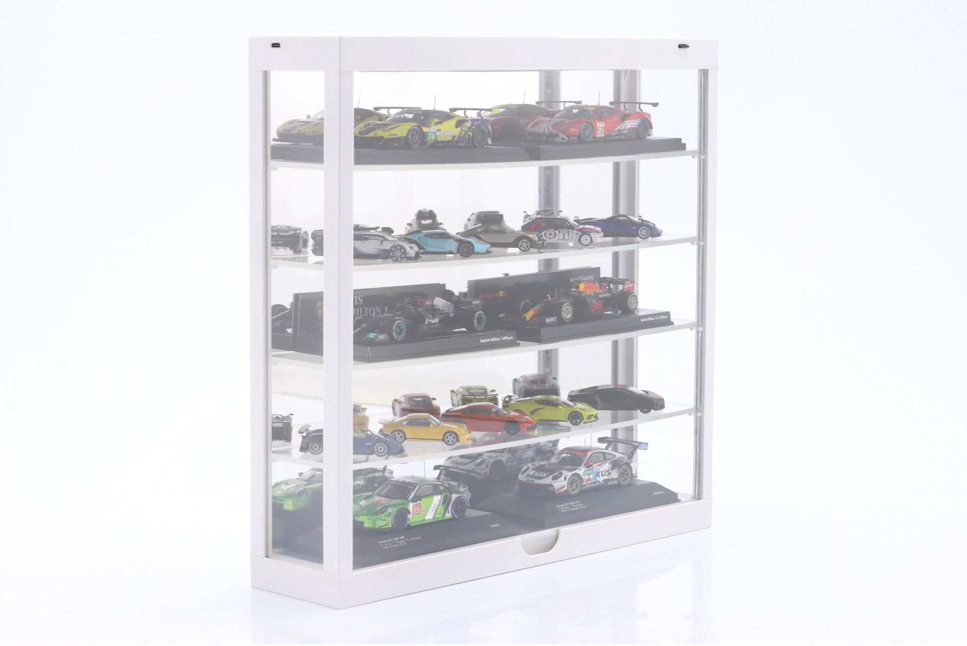Vitrine LED Multicase 5-st&ouml;ckig f&uuml;r Modelle im Ma&szlig;stab  / 1:64 wei&szlig; / spiegel 