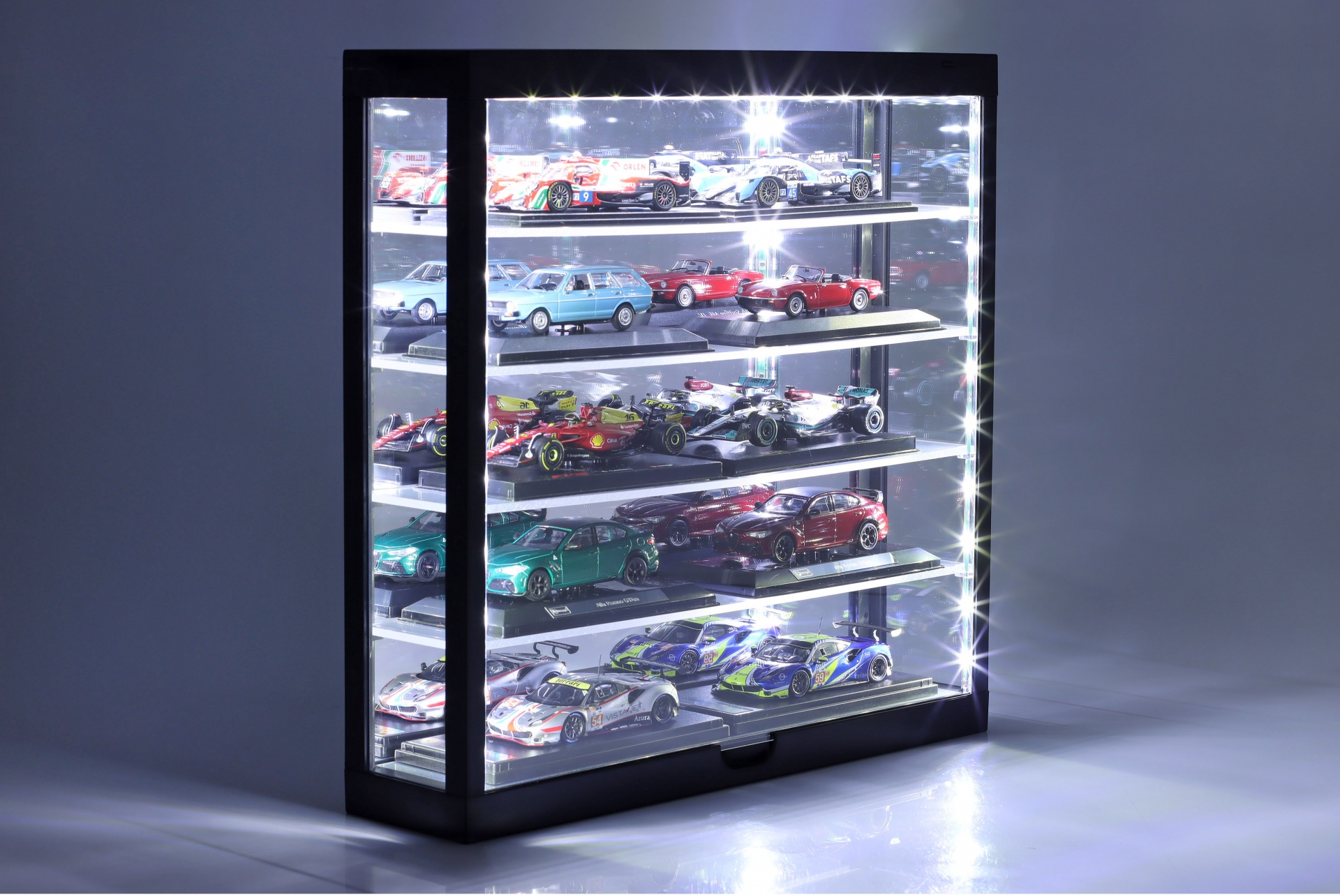Vitrine LED Multicase 5-st&ouml;ckig f&uuml;r Modelle im Ma&szlig;stab  / 1:64 schwarz / spiegel 