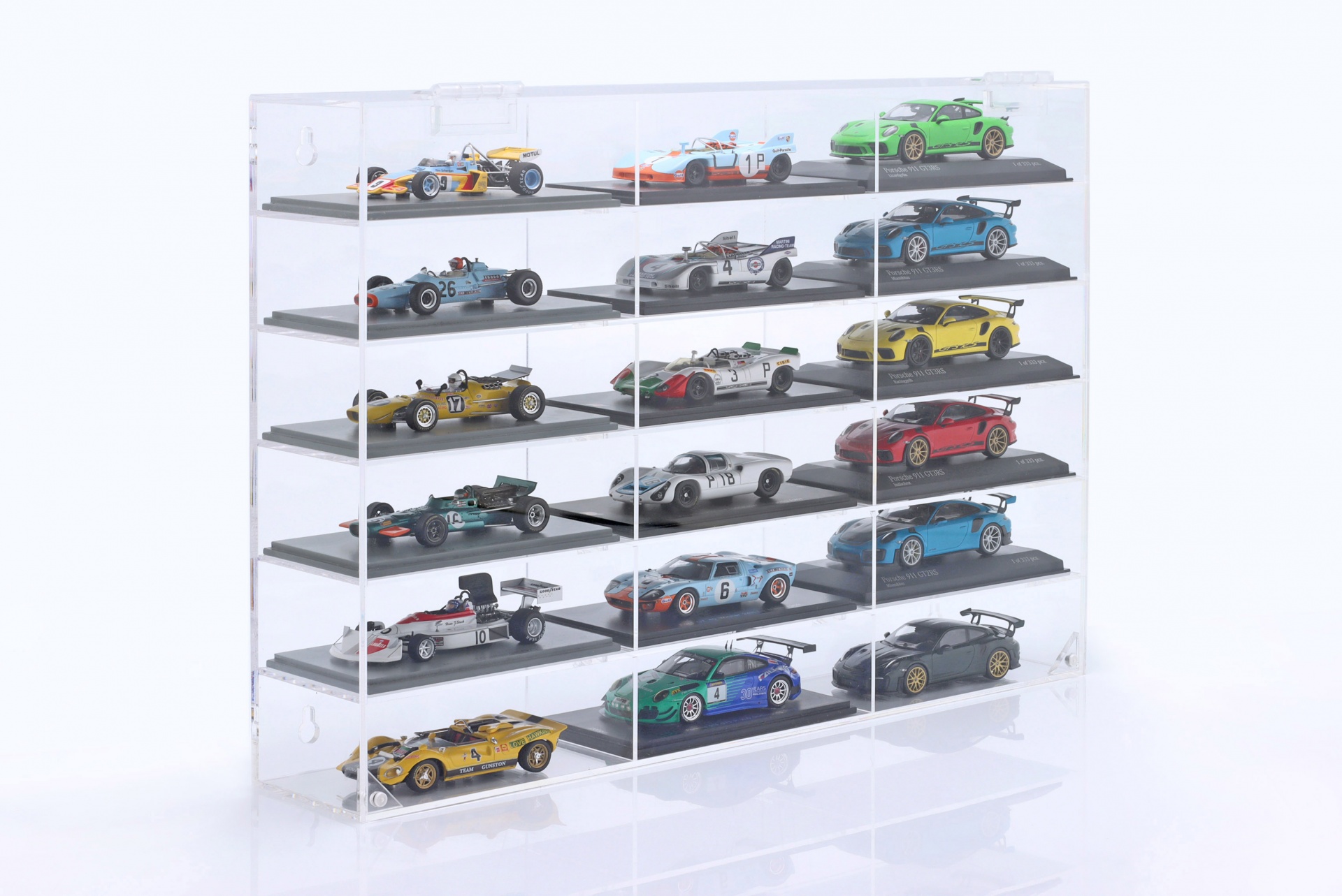 Hochwertige Acryl-Vitrine f&uuml;r 18 Modellautos im Ma&szlig;stab  