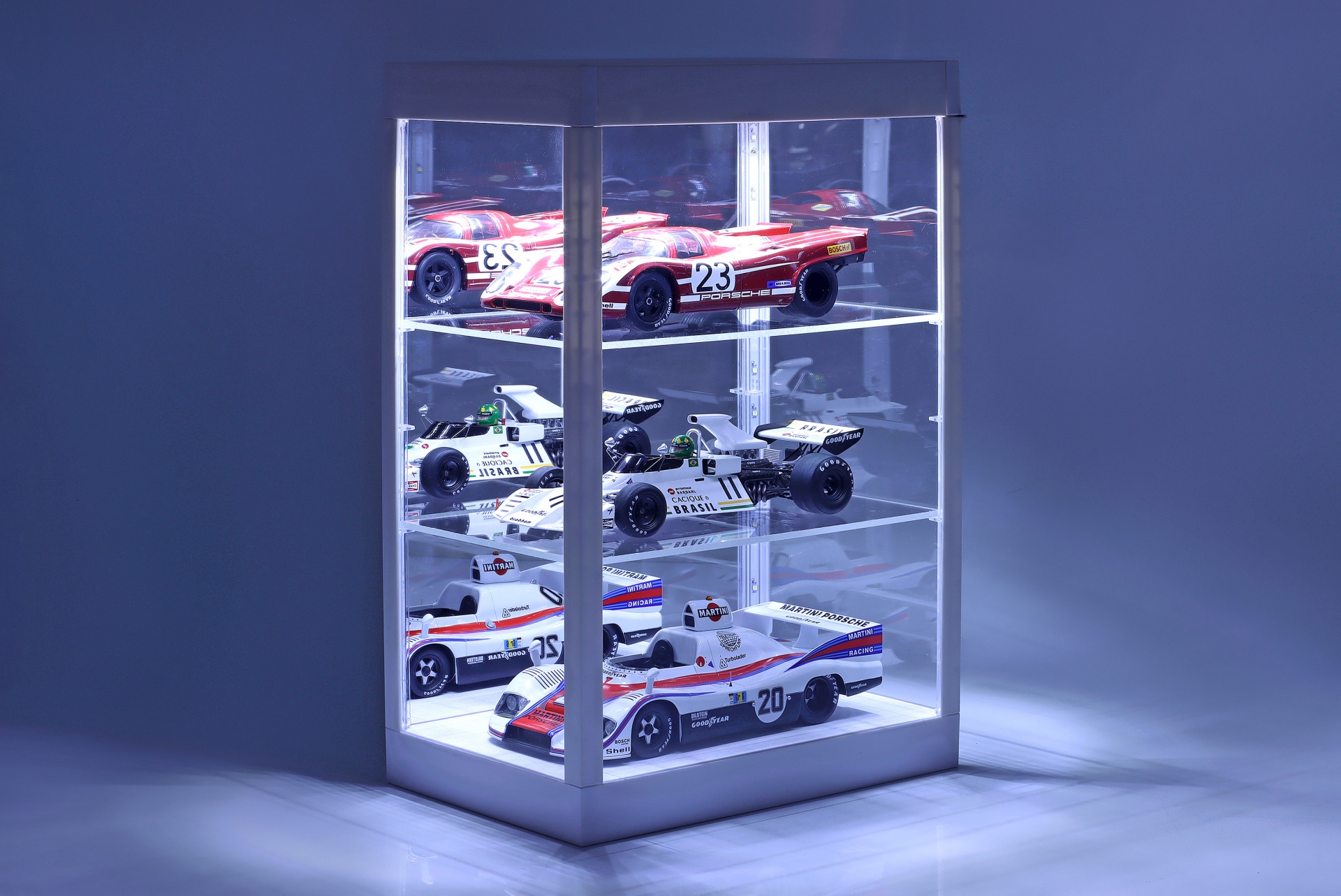 Einzelvitrine mit LED-Beleuchtung und Spiegel f&uuml;r Ma&szlig;stab , 1:24, 1:43 wei&szlig; 